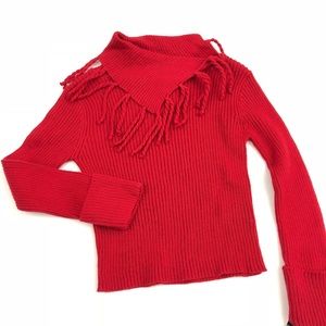 BCX Ribbed Sweater Asymmetrical Fringe Collar